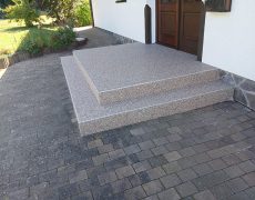 Treppe mit zwei Stufen vor brauner Holzhaustür und Garten im Hintergrund.