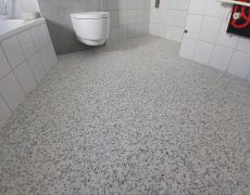 Badezimmer mit Toilette, Badewanne und hellgrauem Steinteppichboden.